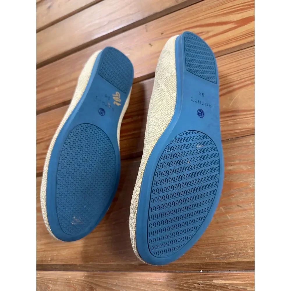 Rothy’s The Flat Beige Tan Knit Ballet Flats Blue Trim Women’s 9.5 Washable